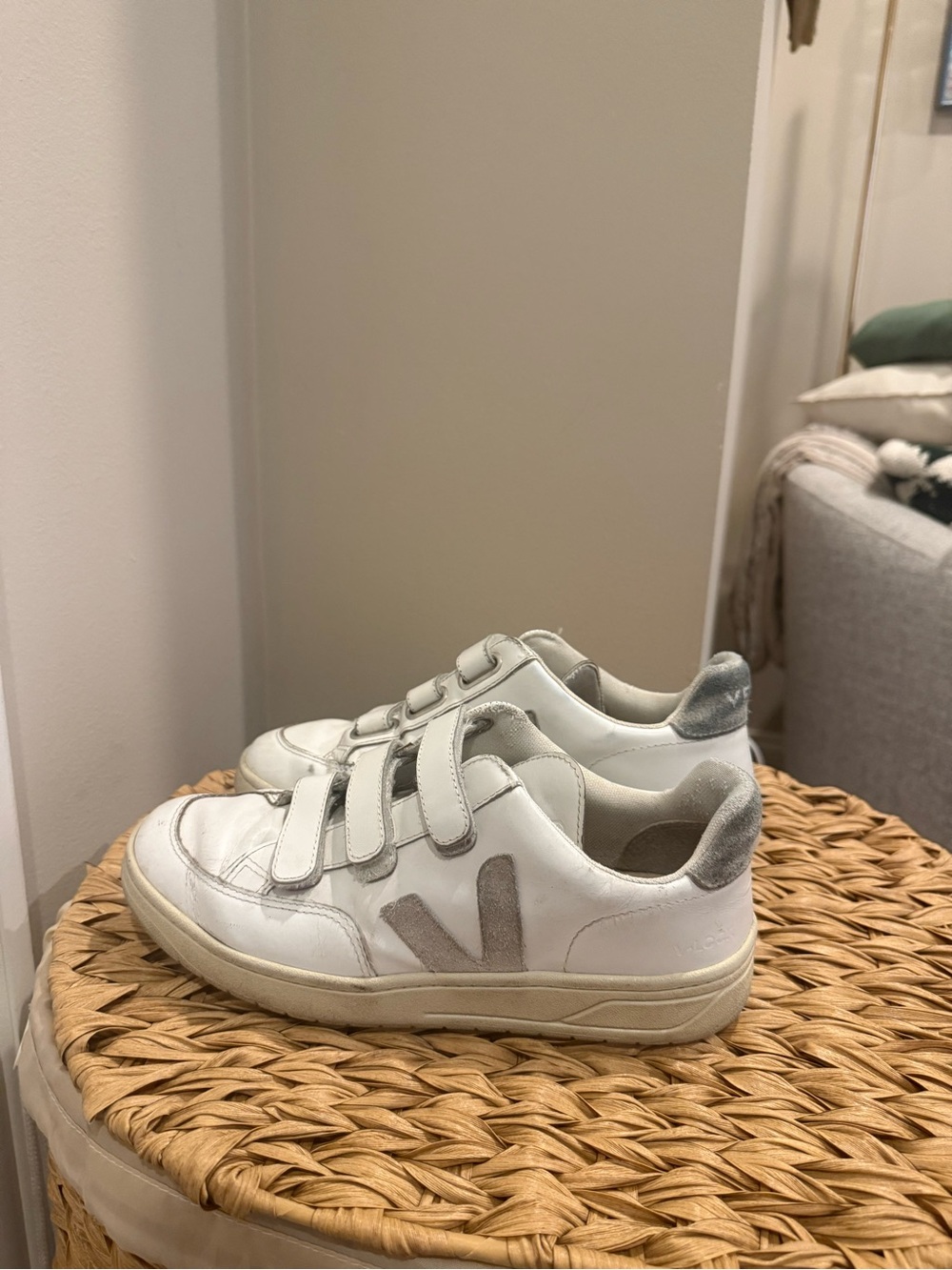 Veja White & Gray Velcro Sneakers with Suede